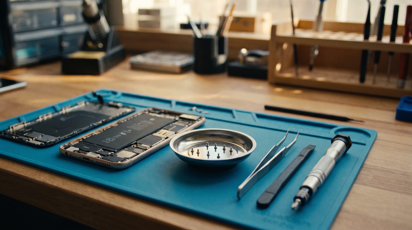 A repair bench: a phone opened on a blue silicone mat with its screws in a magnetic dish, tweezers, a spudger and a torque driver laid in a row, warm daylight across the bench and racked tools behind.