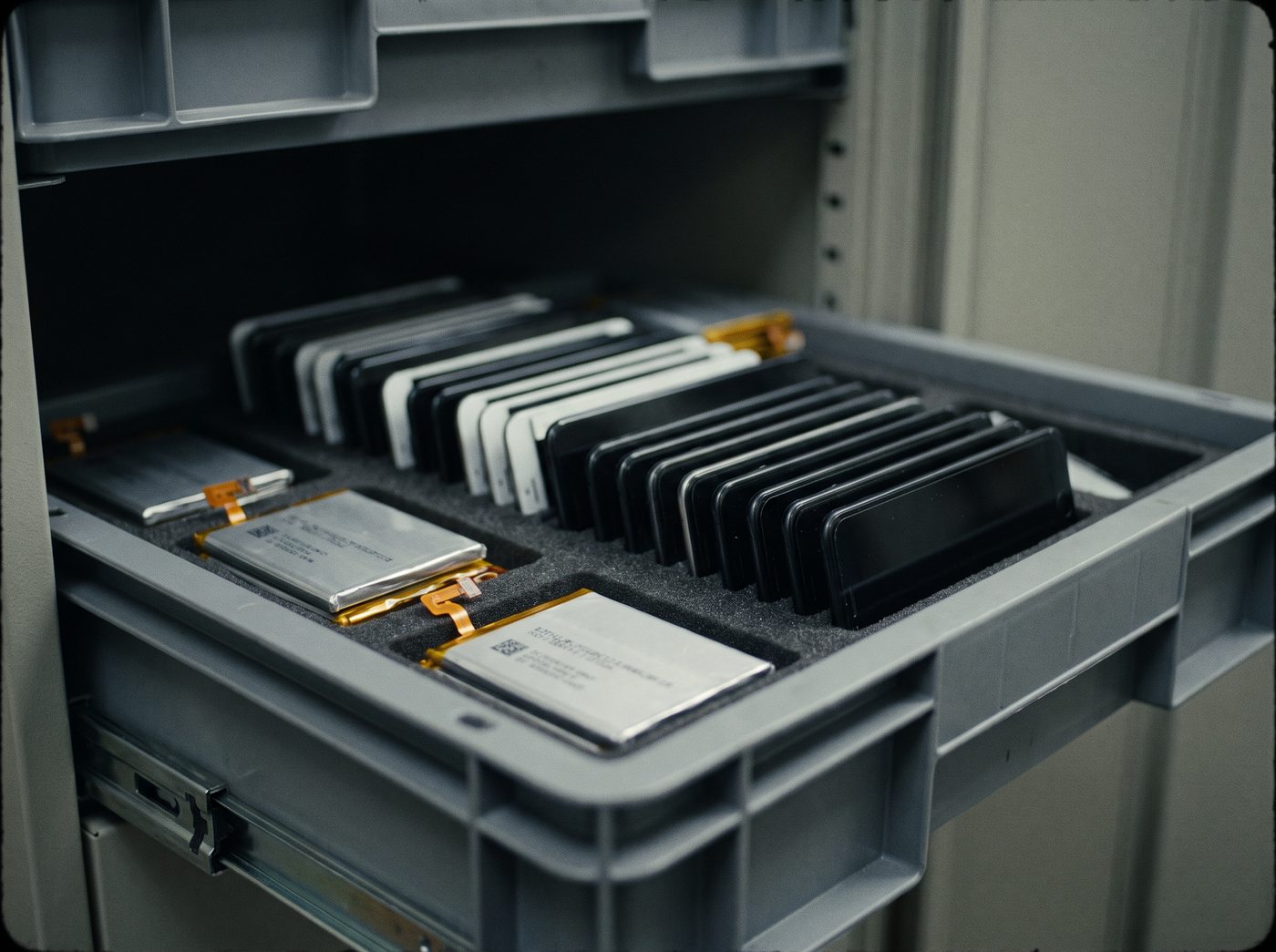 An open antistatic drawer of replacement screen assemblies and phone batteries, each in its own foam compartment, lit from one side.