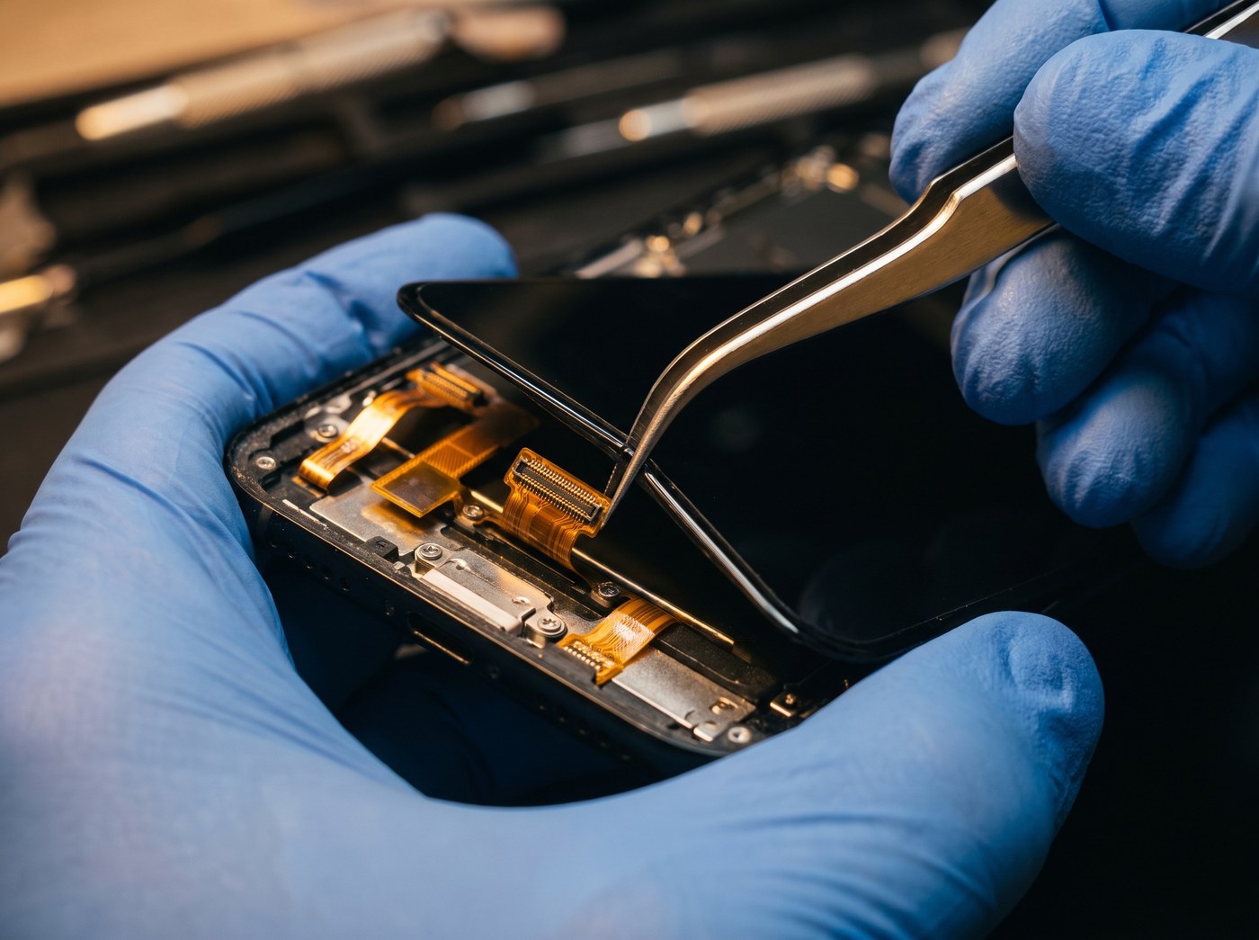Blue-gloved hands holding an opened phone while fine tweezers lift the display panel clear of three orange ribbon cables.